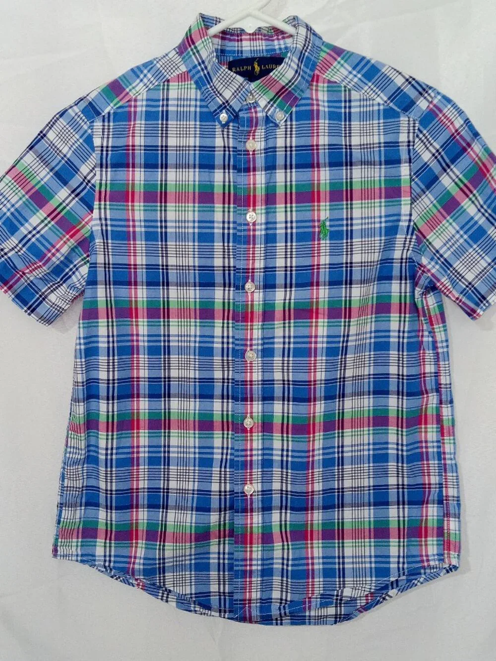 Ralph Lauren Boys Plaid Button Down Shirt Size M 10/12 Blue Green Preppy Coastal